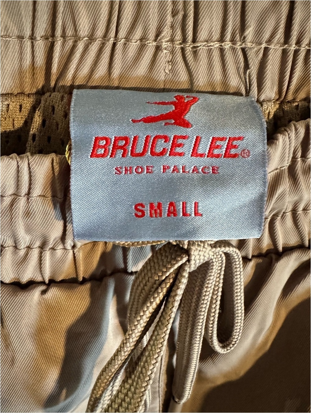Bruce Lee Men's Tan Swim Board Shorts with Embroidered Dragon and Logo, Size S